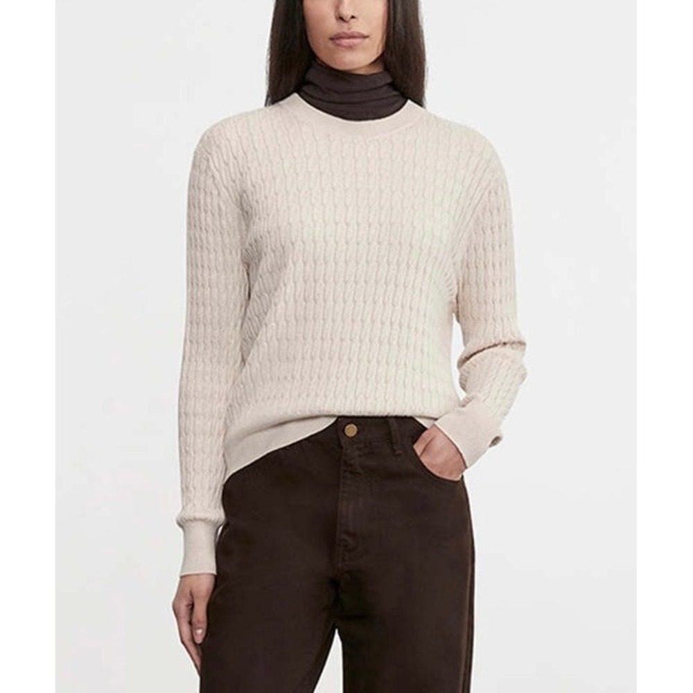 Enza Costa Sweater Women Medium Ivory Cashmere Cotton Cable Knit Easy Crew